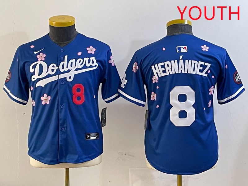 Youth Los Angeles Dodgers #8 Hernandez Blue Sakura Edition 2025 Nike MLB Jersey style 7->youth mlb jersey->Youth Jersey